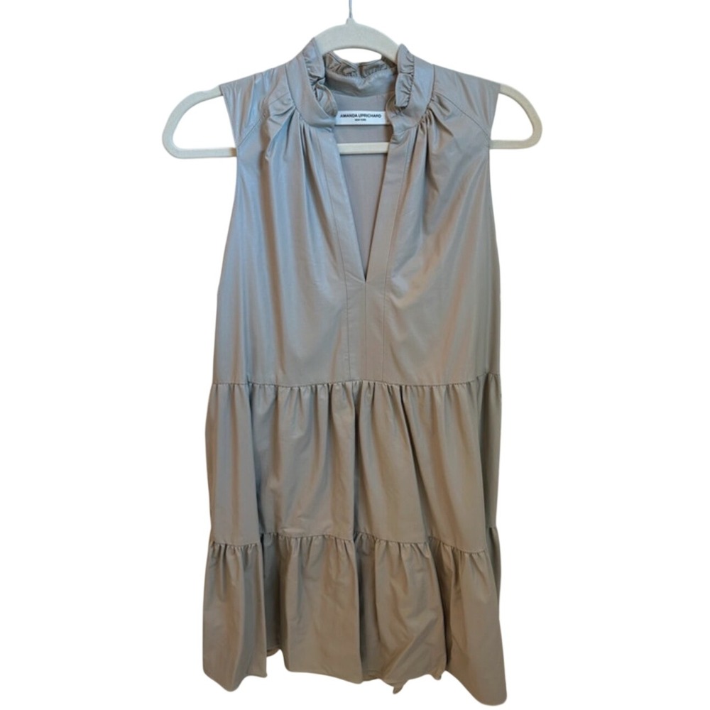 Amanda Uprichard Taupe Faux Leather Tiered Ruffle Neck Mini Dress Small